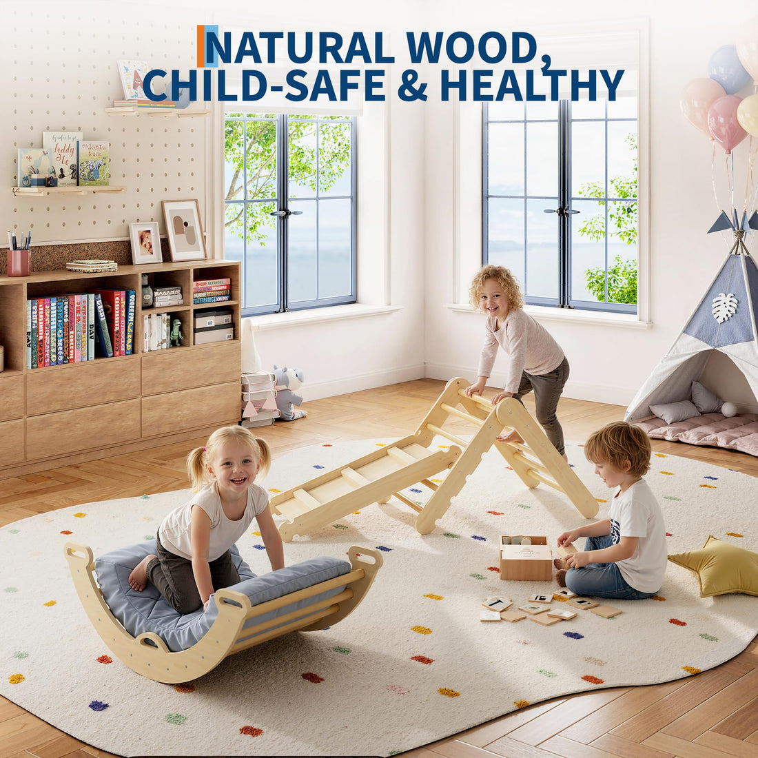 Ensemble triangulaire Garvee Pikler 7 en 1, jouet d'escalade pliable en bois de style Montessori pour bébés et jeunes enfants, 54 cm (21,3 po) de hauteur, couleur naturelle.