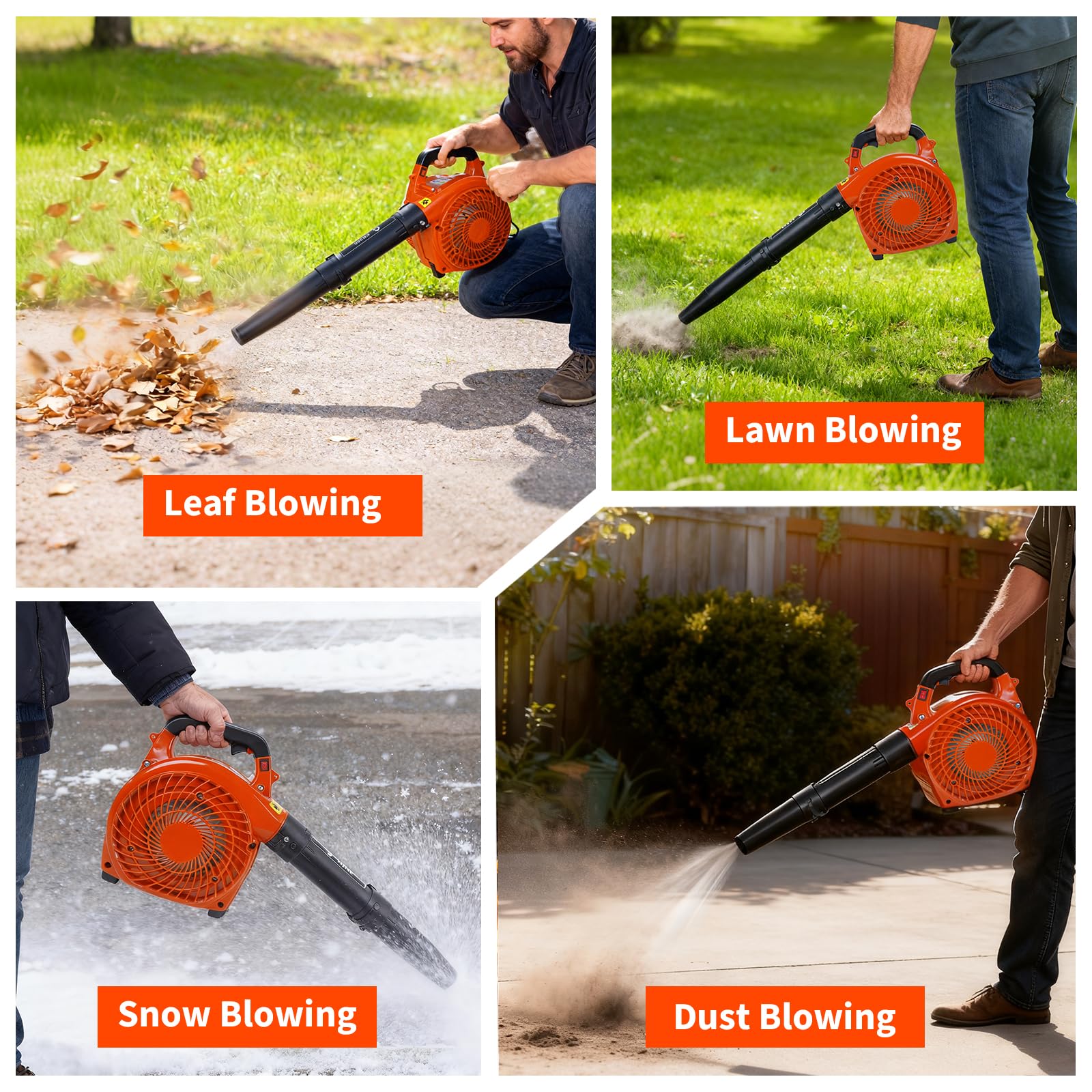 Souffleur de feuilles portatif à essence Garvee 28 cm³, 1,1 CV, 490 CFM, 290 km/h, pour jardin, cour, allée et neige, orange