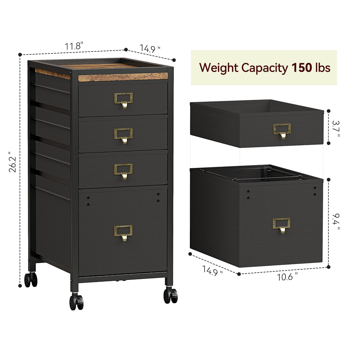 Garvee Caisson de classement mobile avec roulettes, cadre métal, plateau MDF, compatible A4/Lettre, noir rustique, bureau maison, 4 tiroirs