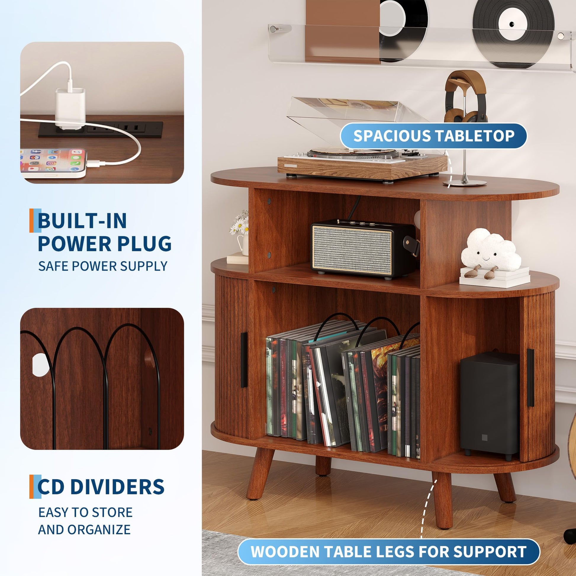 Garvee Meuble pour platine vinyle 89 cm avec station de charge, rangement pour 300 disques, design ondulé moderne, finition noyer