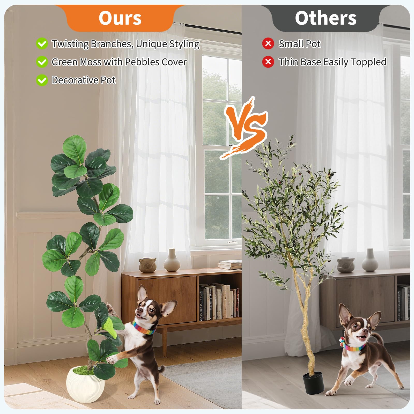 Garvee Ficus lyrata artificiel 152 cm en forme de S, pot blanc, feuilles en soie réalistes et branches ajustables, vert