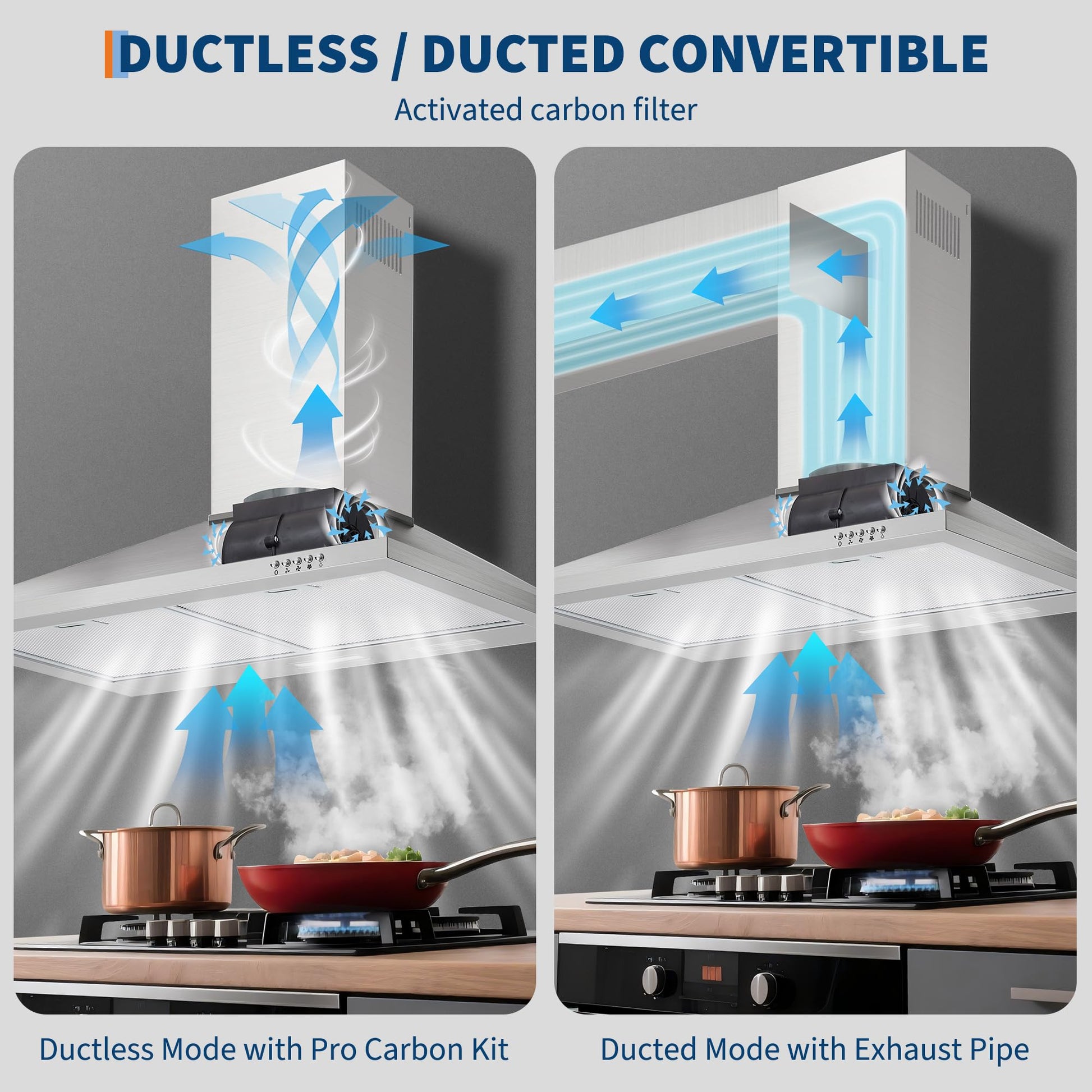 Hotte Garvee 76 cm (30 pouces) avec filtre en aluminium pour cuisine, 250 pi³/min (7 m³/min), commandes tactiles et télécommande, silencieuse, convertible, argent