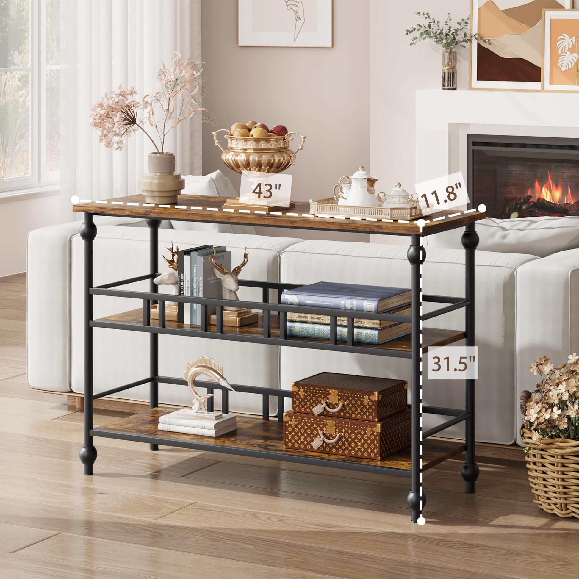 Garvee Console industrielle à 3 niveaux avec rangement, structure métal et MDF, style vintage, pieds réglables, pour entrée et salon, 109 × 30 × 80 cm, vintage