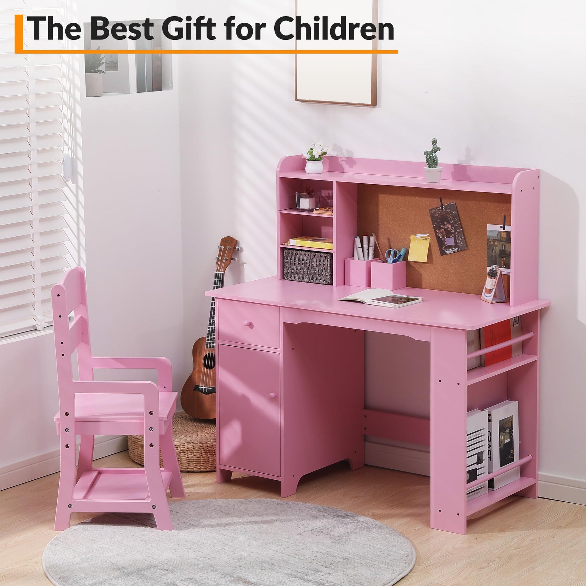 Ensemble bureau enfant Garvee avec étagère et tiroir pour garçons et filles de 3 à 8 ans, en bois rose, pour l'apprentissage et la salle de jeux.