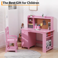 Ensemble bureau enfant Garvee avec étagère et tiroir pour garçons et filles de 3 à 8 ans, en bois rose, pour l'apprentissage et la salle de jeux.