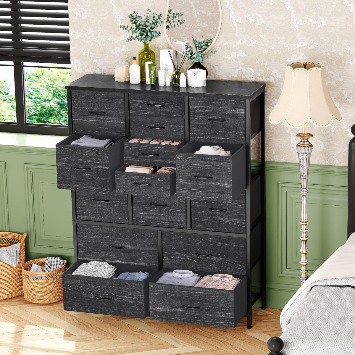 Garvee commode à 15 tiroirs en tissu avec poignées, idéale pour la chambre, le salon ou l'entrée. structure métallique robuste et polyvalente. couleur : gris