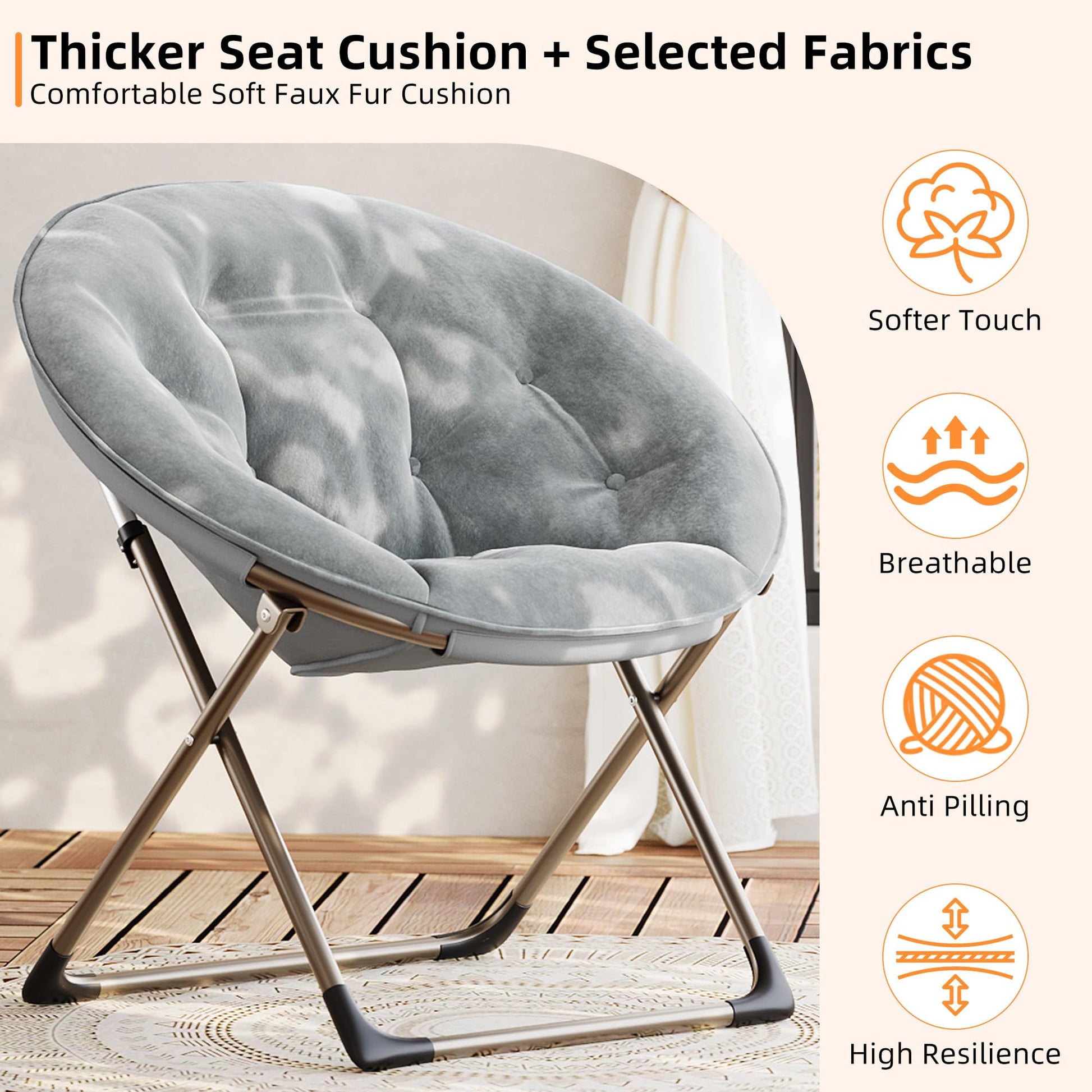 Fauteuil lunaire Garvee Saucer avec structure métallique pliable, coussin floral surdimensionné en peluche, confortable et stable pour la chambre et le salon, gris
