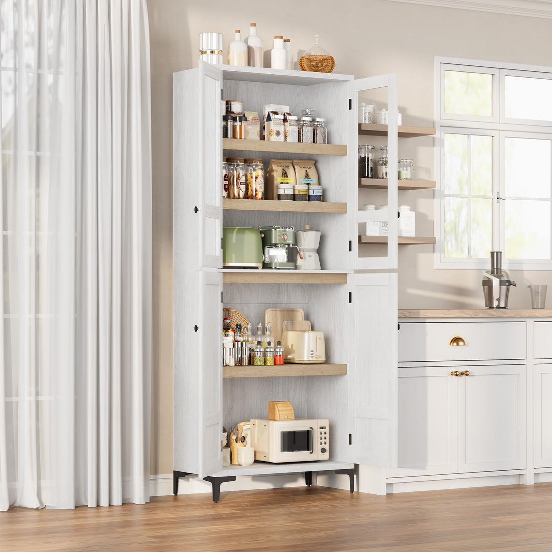 Garvee armoire de cuisine de 180 cm de haut avec portes vitrées, 4 portes, 5 étagères réglables, en bois, pour la cuisine et la salle de bain, autoportante