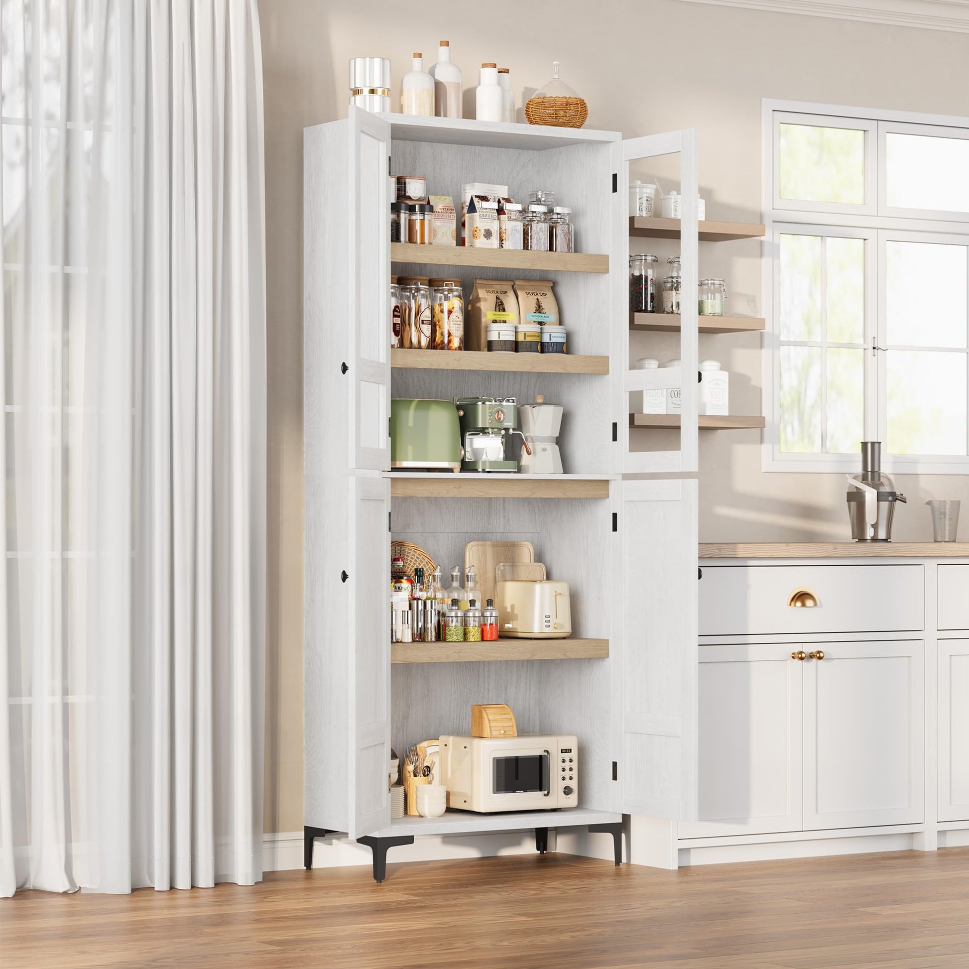 Armoire de cuisine Garvee de 180 cm de haut avec portes vitrées, 4 portes, 5 étagères réglables, en bois, pour la cuisine et la salle de bain, fermeture magnétique, autoportante, design moderne