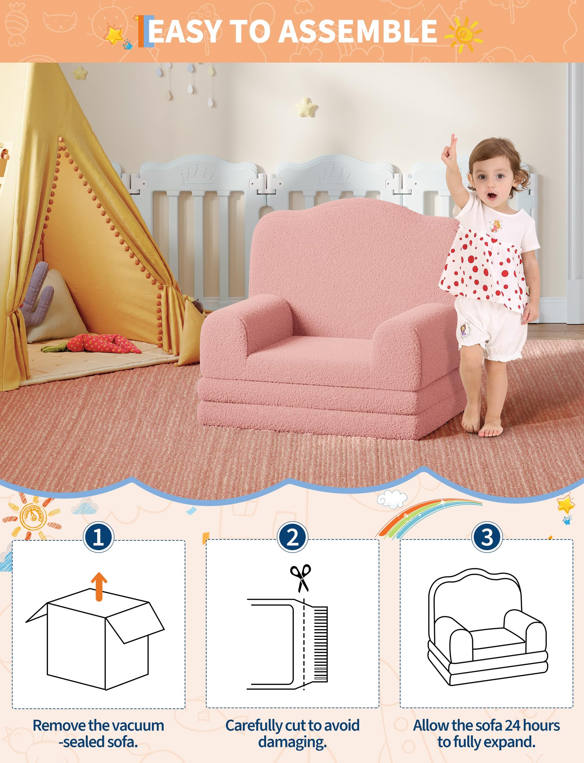 Canapé Garvee Kids 2-en-1 réversible, canapé et méridienne, rose couronne, pour salle de jeux, mousse confortable, housse douce en sherpa