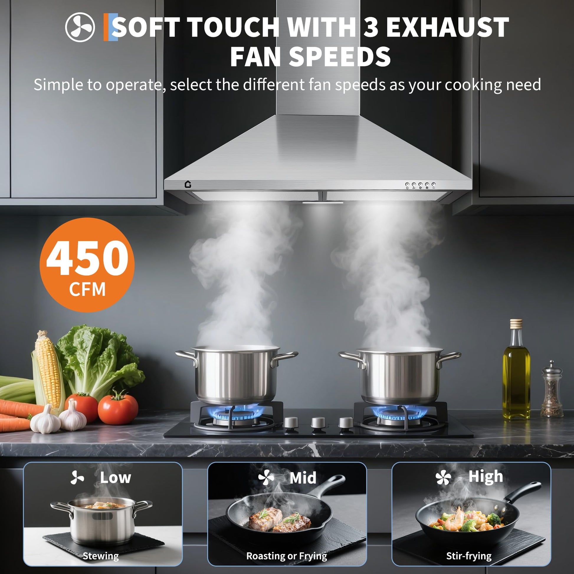 Hotte Garvee 76 cm (30 pouces) avec filtre en aluminium pour cuisine, 250 pi³/min (7 m³/min), commandes tactiles et télécommande, silencieuse, convertible, argent