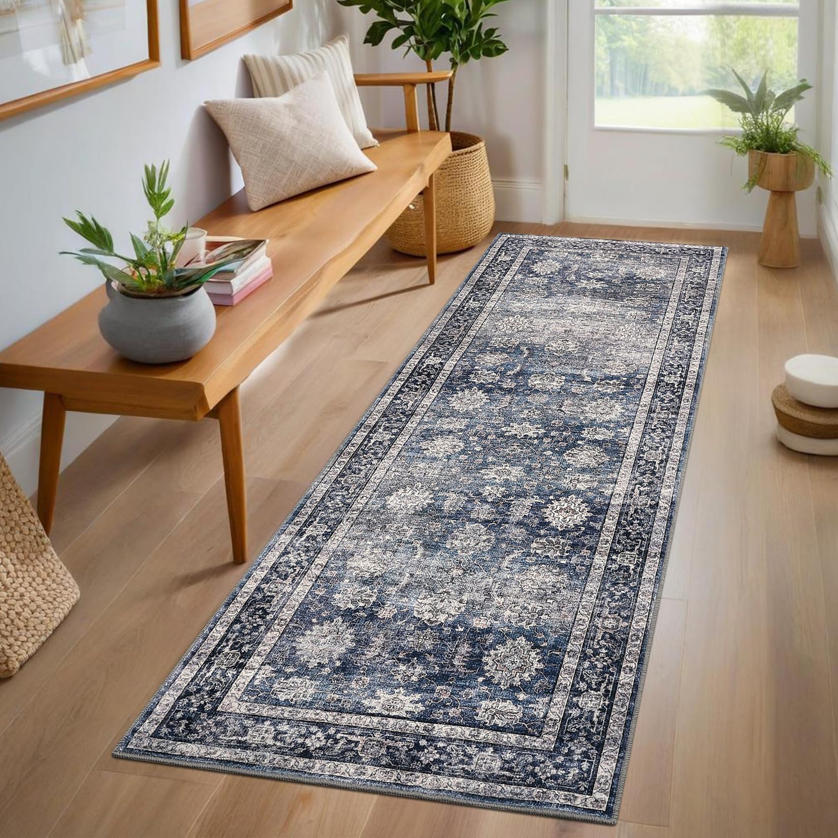Tapis oriental vintage lavable Garvee, doux et antidérapant, pour salon, chambre, cuisine, à poils plats, protège-sol décoratif
