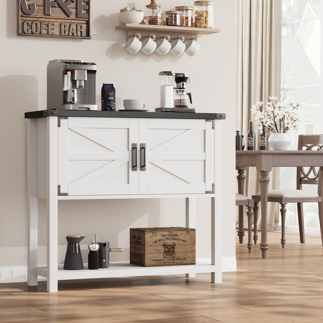 Console Garvee style ferme avec 2 portes, en bois robuste et résistant aux rayures, blanc et noir, 81 cm (32 pouces), idéale pour la cuisine et le salon.