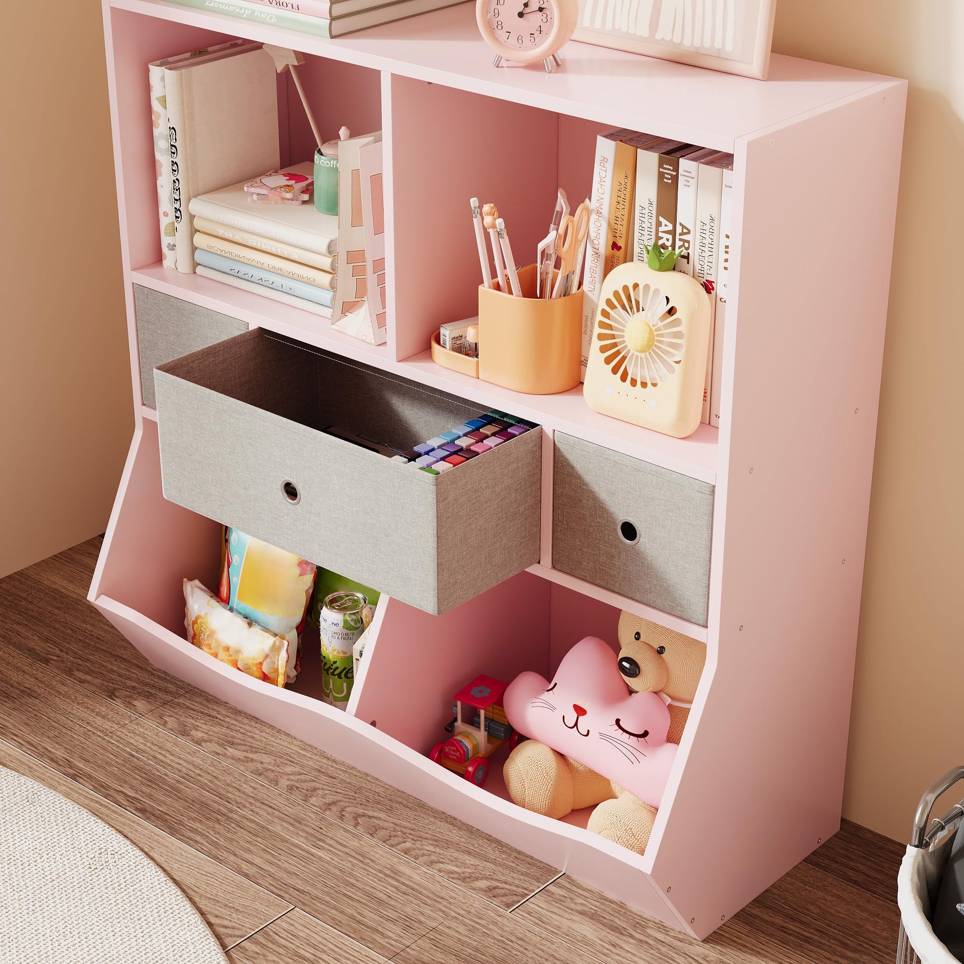 Organisateur de jouets pour enfants Garvee à 7 compartiments et 3 tiroirs, idéal pour la salle de jeux et le couloir, en bois rose, robuste et écologique.