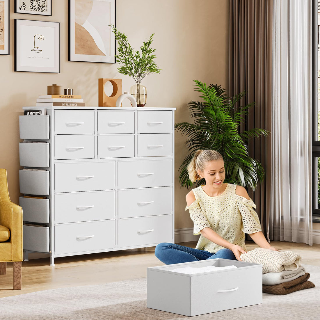 Garvee commode blanche à 12 tiroirs en tissu avec poches latérales pour la chambre et le salon, légère et polyvalente