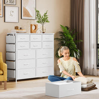 Commode Garvee blanche à 12 tiroirs en tissu avec poches latérales pour chambre et salon, robuste, légère et polyvalente