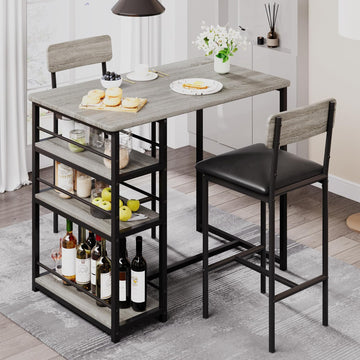 Garvee Ensemble table de bar avec 2 chaises rembourrées et 3 étagères de rangement, pour petits espaces et appartement, gris