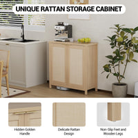 Buffet de cuisine Garvee style ferme avec portes en rotin, étagères réglables, bois, grand espace de rangement, entrée et salle à manger, couleurs naturelles