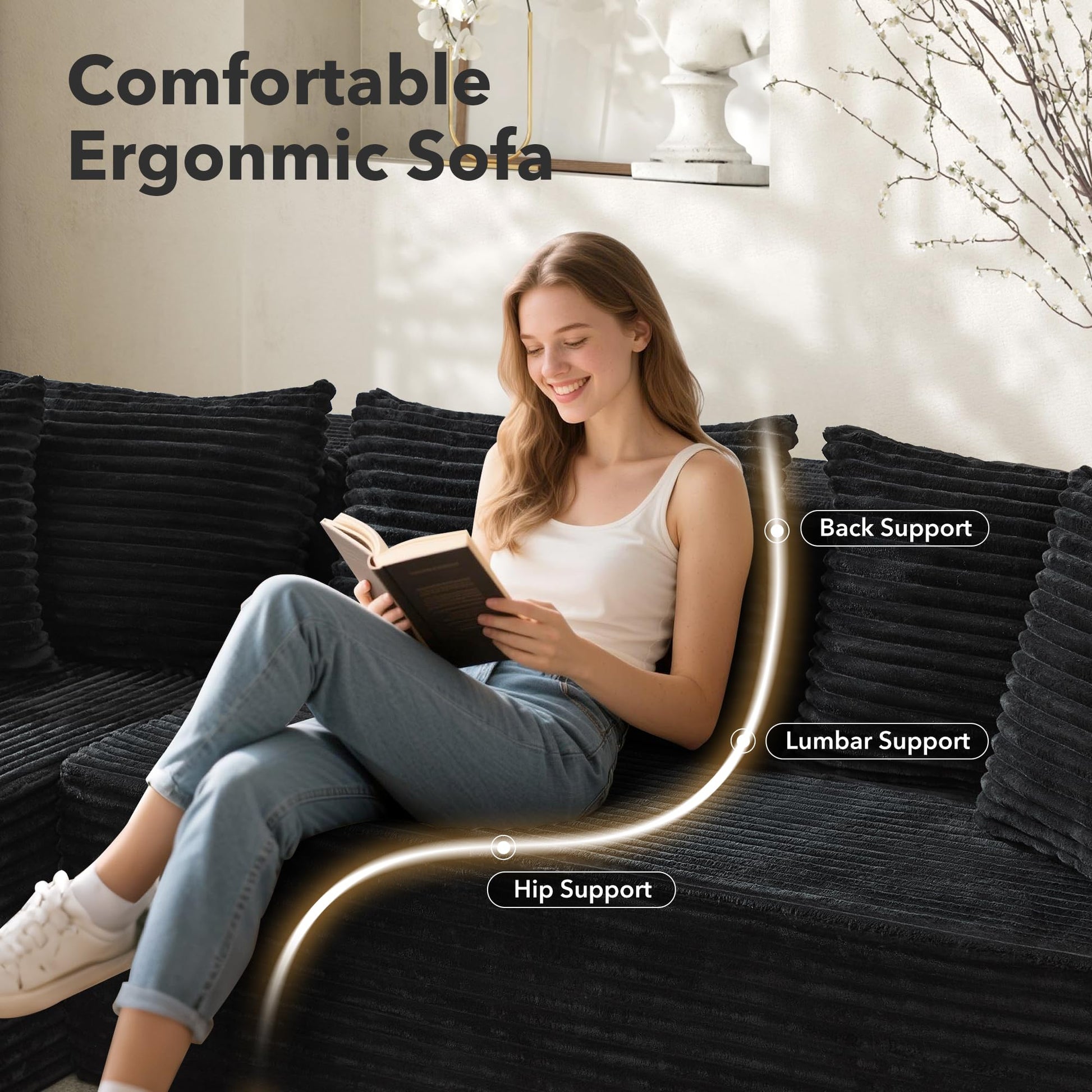 Canapé d'angle Garvee Cloud 106" avec méridienne en L, revêtement en velours côtelé, modulable, pour salon ou chambre, confort d'assise profond, beige