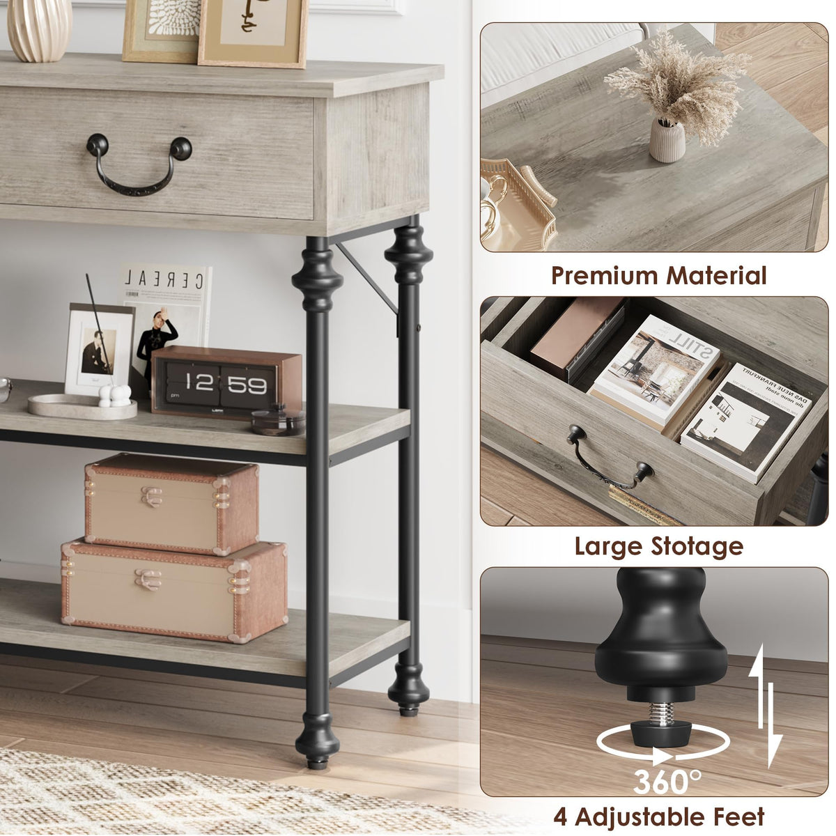 Console Garvee petite à 2 tiroirs, structure en métal, gris rustique, idéale pour l'entrée et le salon, pieds réglables, 100 cm (L) x 30 cm (P) x 80 cm (H)