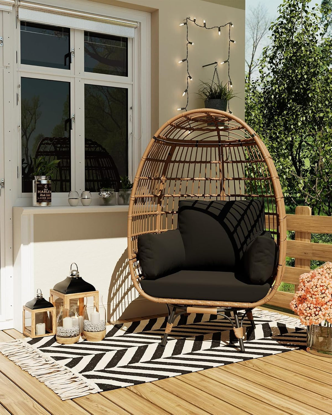 Garvee Fauteuil Œuf Suspendu Pivotant 360° Extérieur, Grand Fauteuil Lounge en Résine Tressée Beige, Structure Acier, pour Patio et Salon