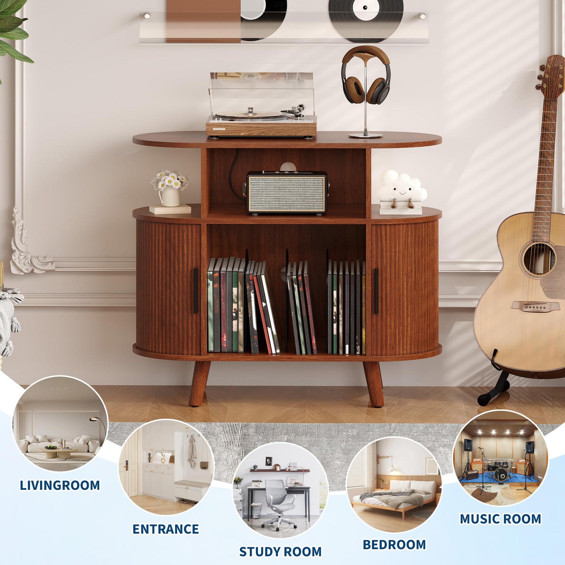 Garvee Meuble pour platine vinyle 89 cm avec station de charge, rangement pour 300 disques, design ondulé moderne, finition noyer