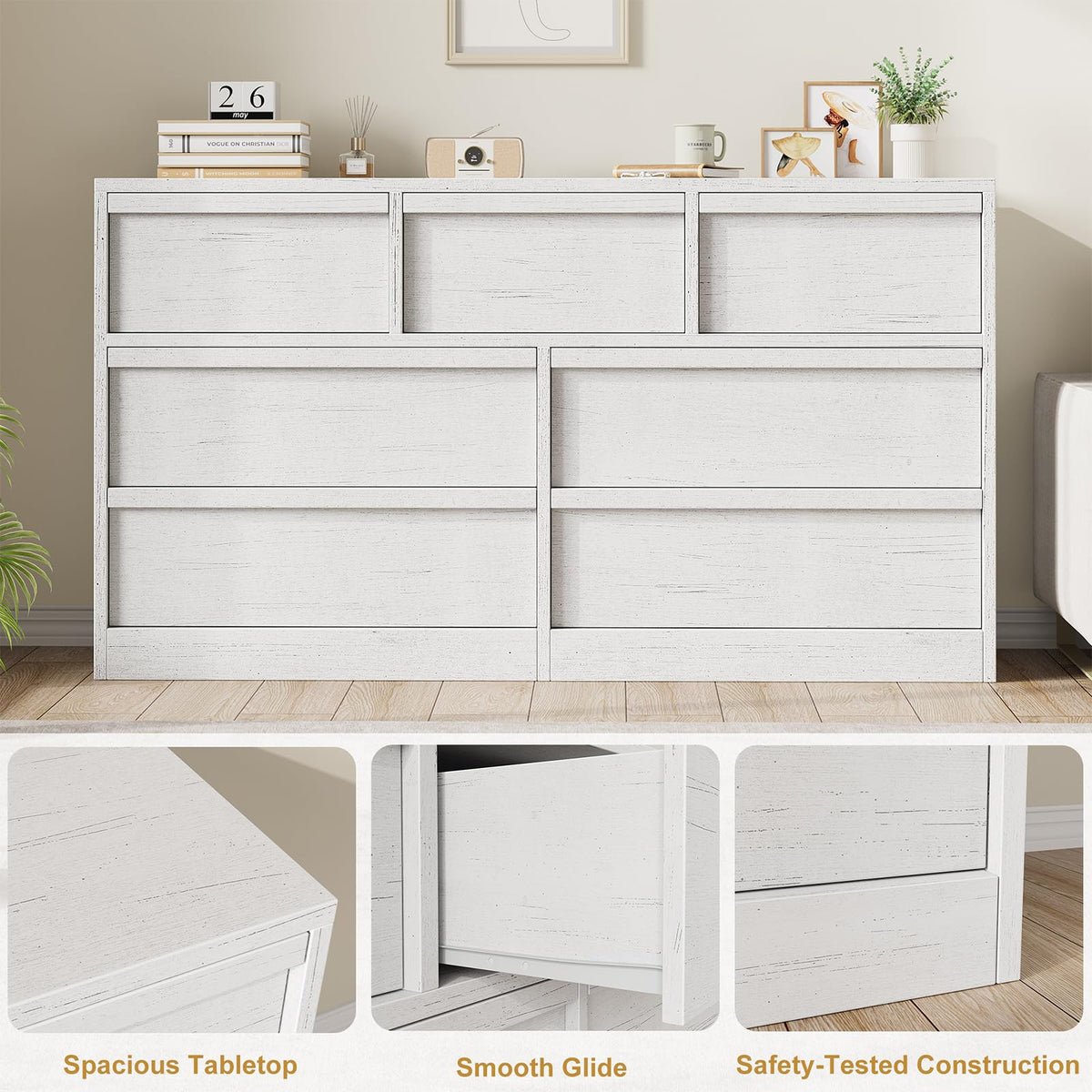 Garvee commode à 7 tiroirs avec grand espace de rangement, bois robuste pour la chambre et le salon, 137 × 40 × 78 cm, brun