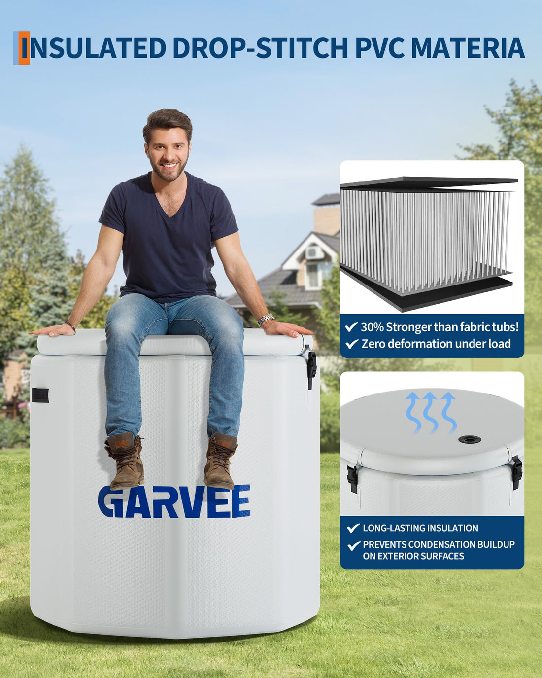 Garvee Bain Glacé Gonflable 704 L pour Sportifs, Couvercle Isolant, PVC Robuste, Thérapie par Eau Froide, Récupération à Domicile, Blanc