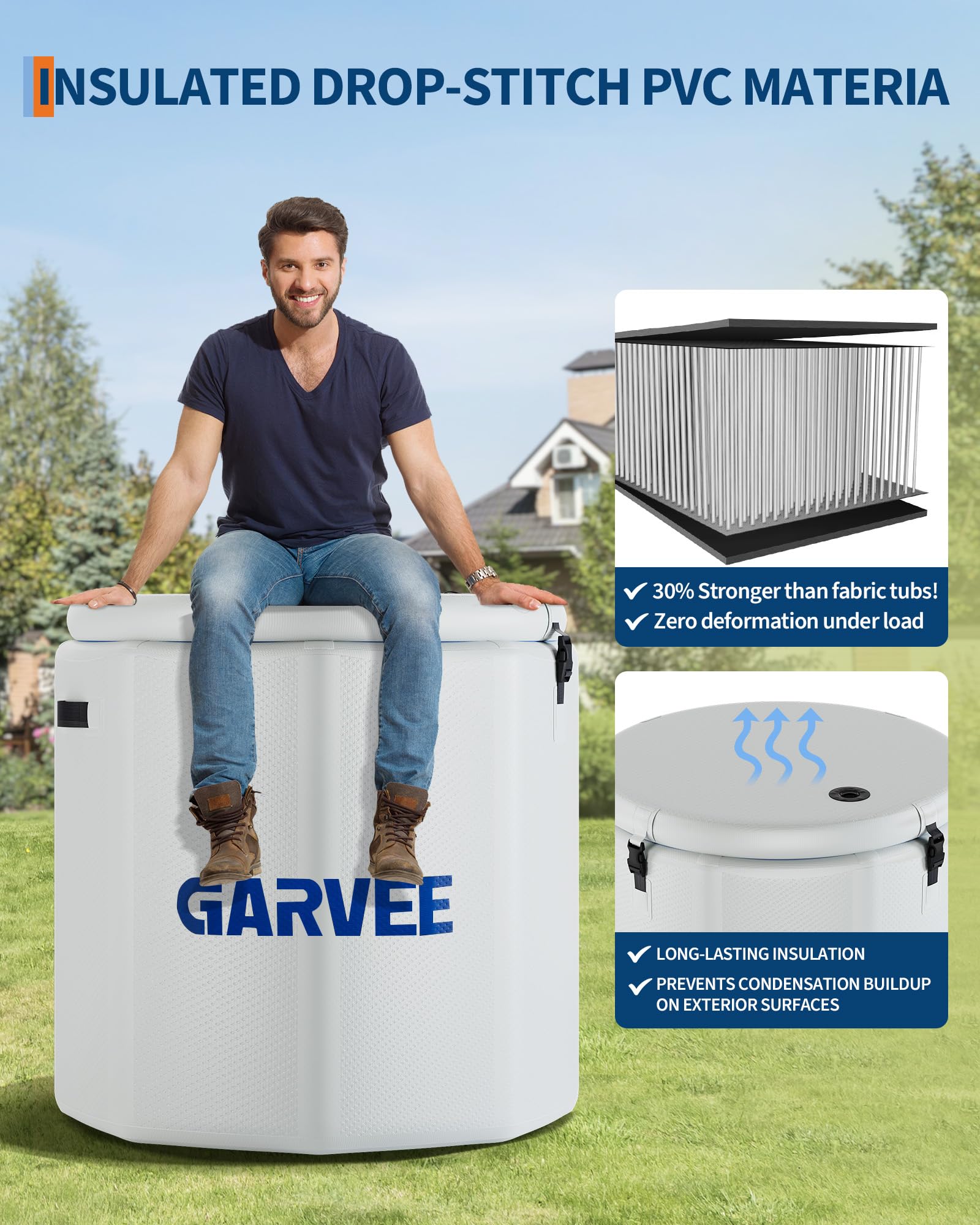 Garvee Bain Glacé Gonflable 704 L pour Sportifs, Couvercle Isolant, PVC Robuste, Thérapie par Eau Froide, Récupération à Domicile, Blanc