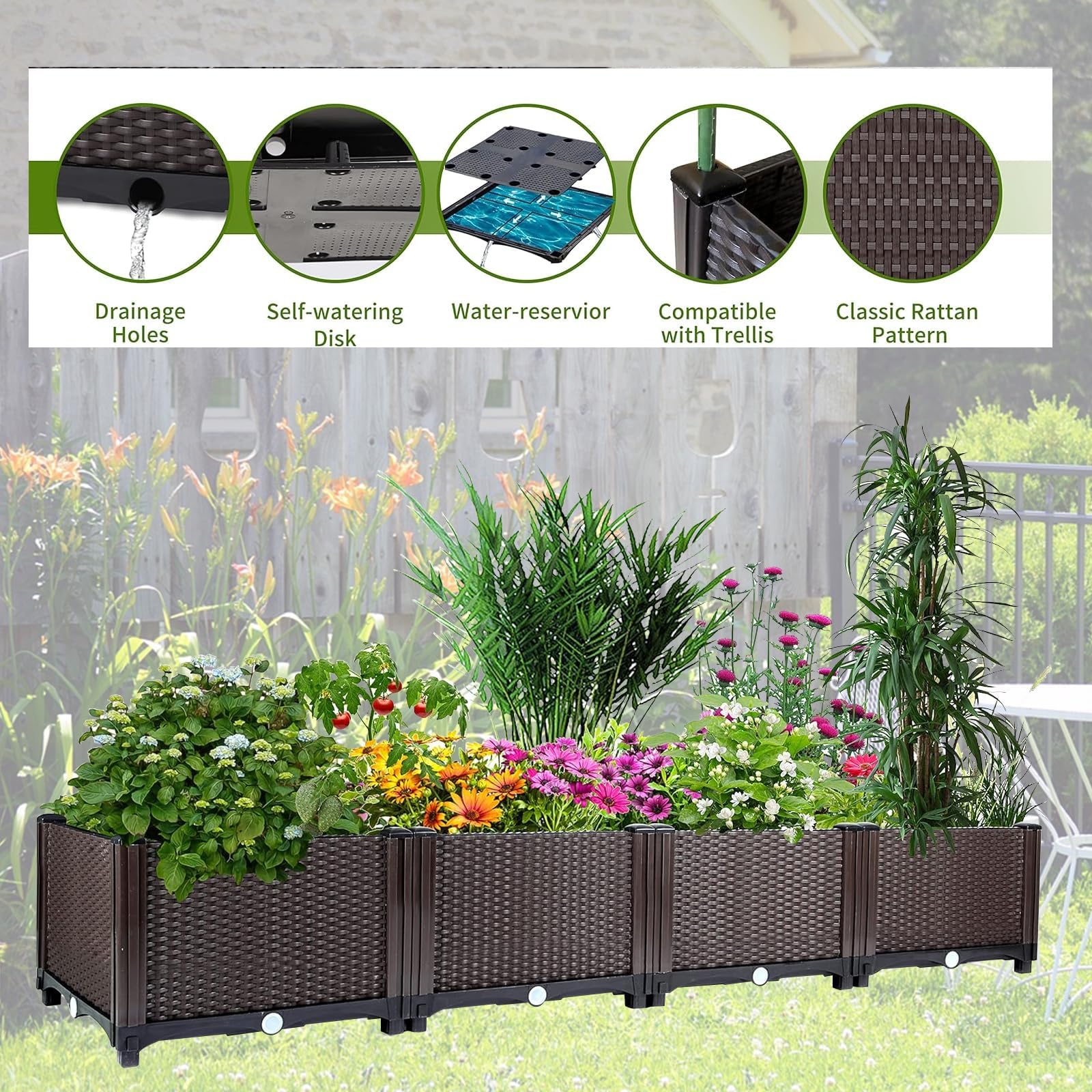 Jardinière surélevée d'extérieur Garvee, grand modèle, avec système d'arrosage automatique, profonde, en polypropylène (PP), drain amovible, idéale pour terrasse, balcon ou jardin. Dimensions : 160 x 40 x 20 cm (63 x 16 x 8 pouces), noire.