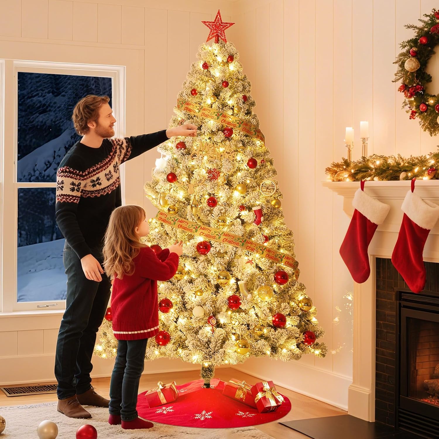 Sapin de Noël artificiel Garvee de 180 cm avec 250 LED, branches en PE/PVC, idéal pour un salon standard et un éclairage festif.