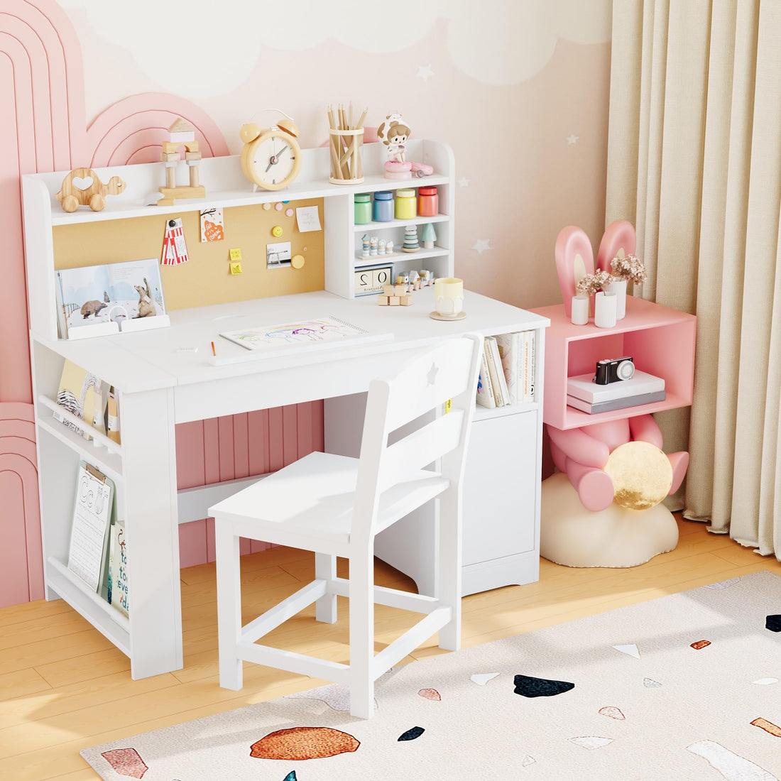 Garvee Bureau enfant ergonomique avec chaise, plateau inclinable et meuble de rangement, blanc, idéal pour étude, devoirs et activités créatives