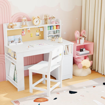 Garvee Bureau enfant ergonomique avec chaise, plateau inclinable et meuble de rangement, blanc, idéal pour étude, devoirs et activités créatives