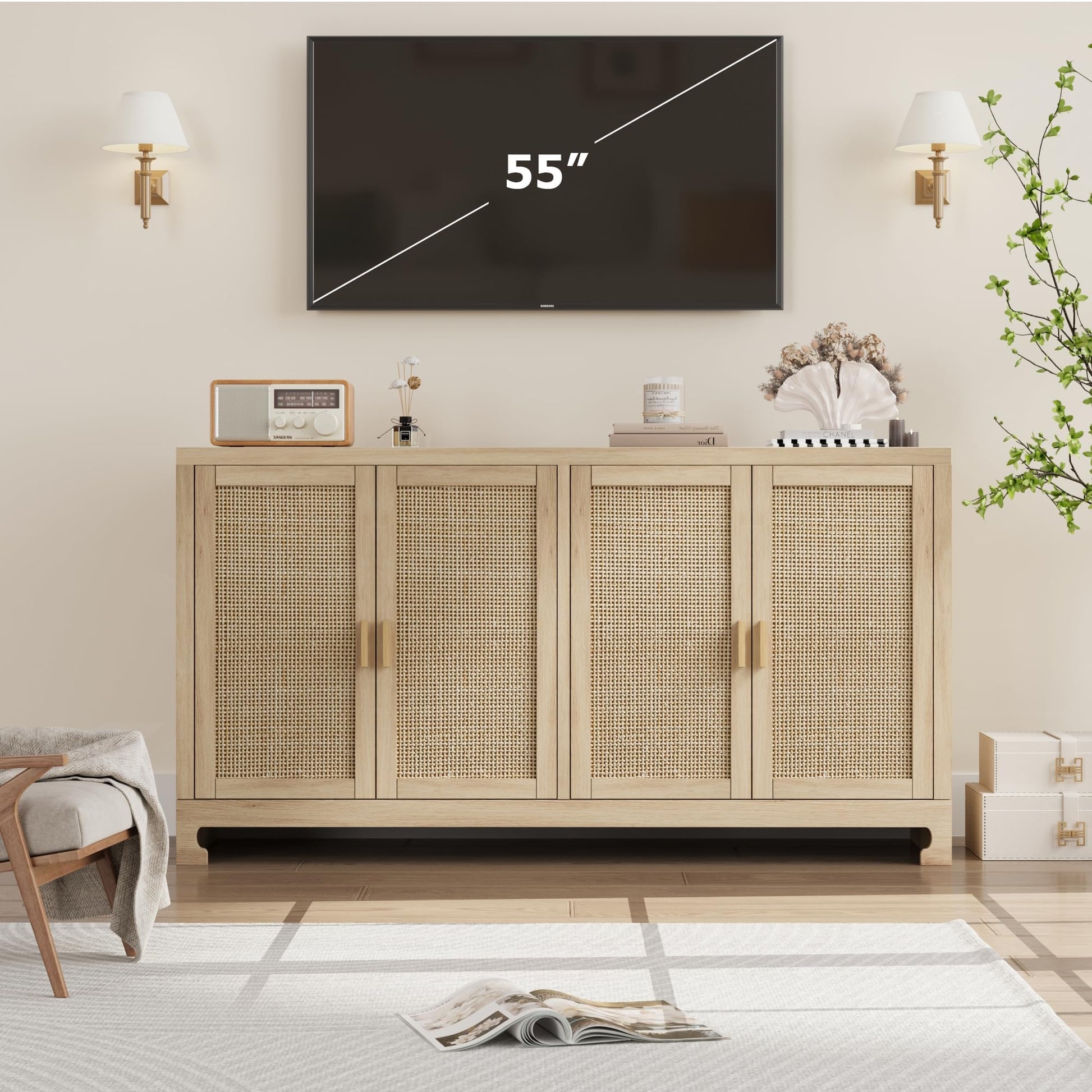 Garvee meuble de rangement 102 cm style bohème moderne avec portes en rotin tressé, étagère réglable pour le salon et la cuisine, blanc et marron, compact