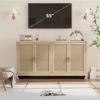 Garvee meuble de rangement 102 cm style bohème moderne avec portes en rotin tressé, étagère réglable pour le salon et la cuisine, blanc et marron, compact