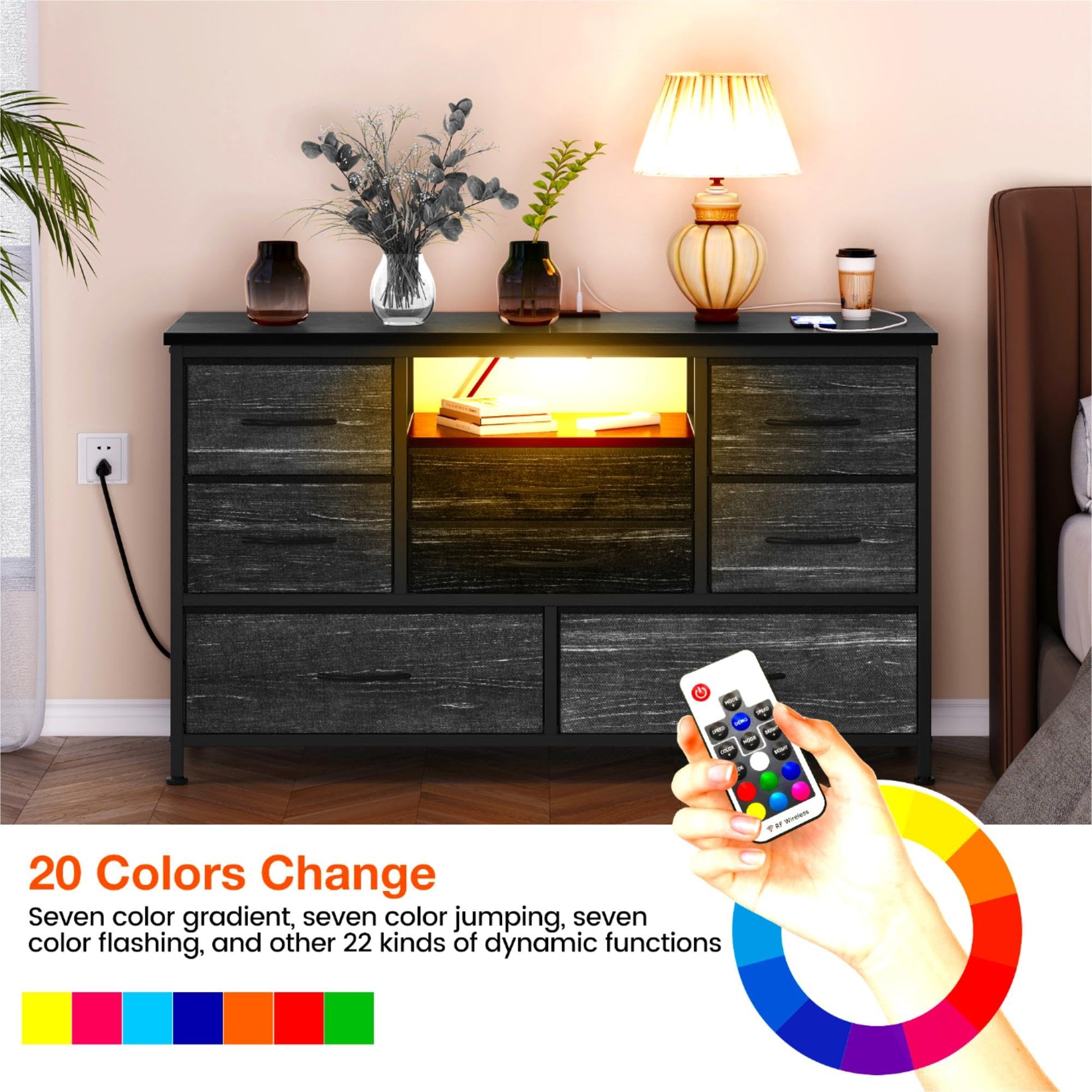 Meuble TV Garvee à 8 tiroirs avec éclairage LED et prise électrique pour salon et chambre, en MDF, éclairage RGB, grand espace de rangement, gestion des câbles, blanc