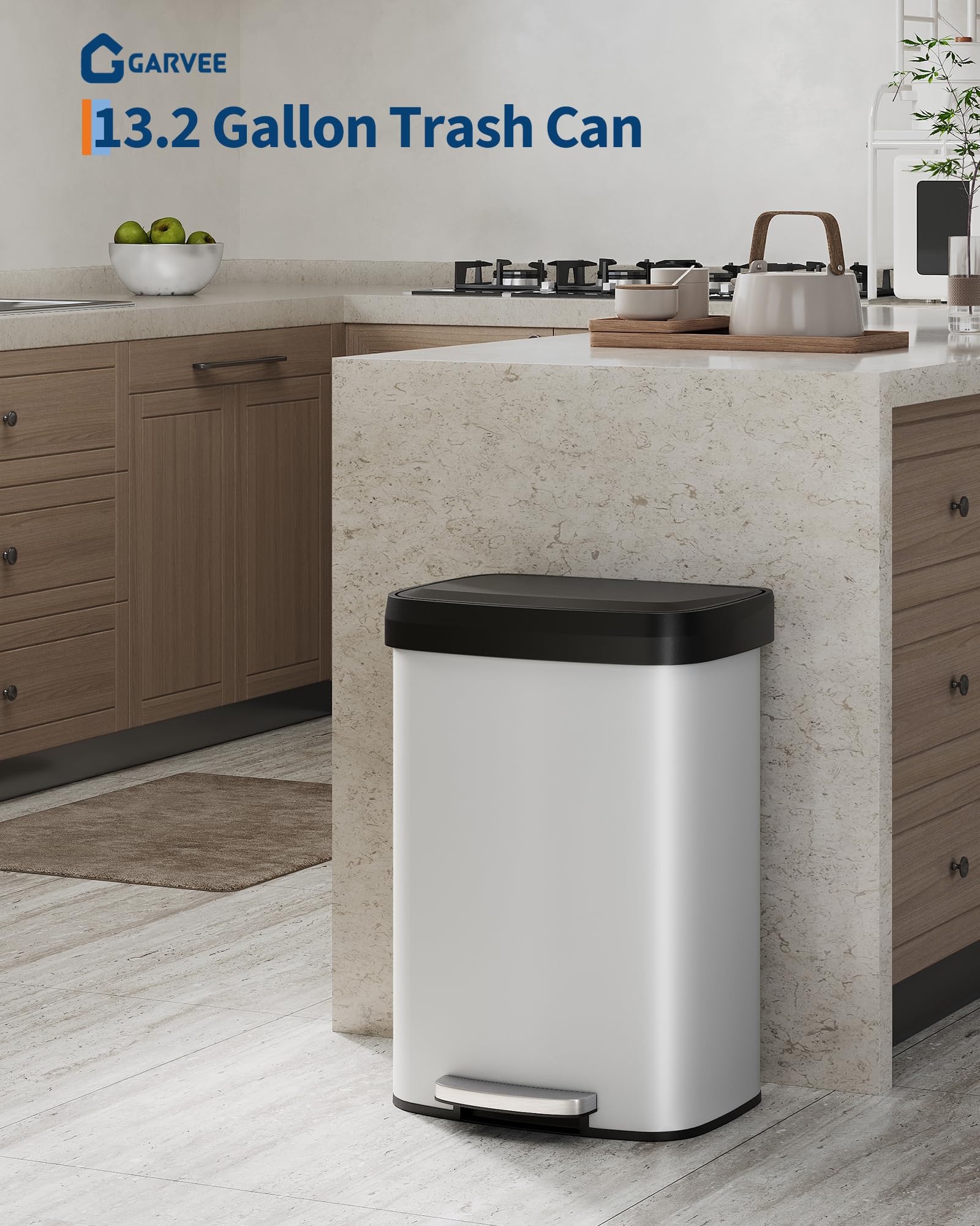 Poubelle en métal Garvee 50 L (13 gal) avec couvercle, acier inoxydable, fermeture amortie, blanche, pour îlot de cuisine