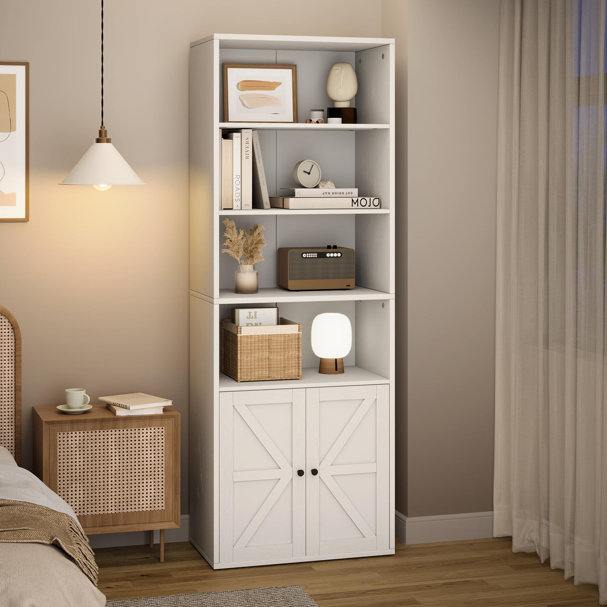 Garvee bibliothèque blanche avec portes, style industriel, 6 étagères, bois, profondeur 30 cm, hauteur 181 cm, idéale pour une maison de campagne, un salon ou un bureau