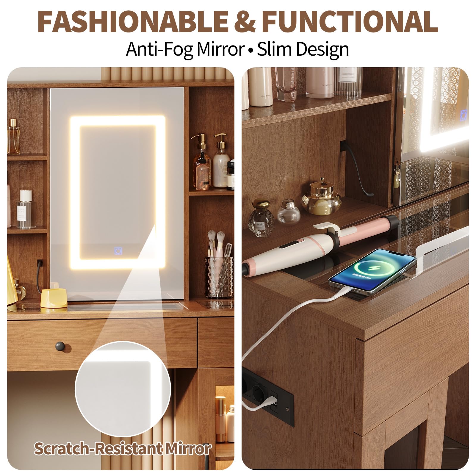 Garvee Coiffeuse de Maquillage avec Miroir Coulissant LED 3 Couleurs, MDF, USB/AC, Verre Sculpté Multicolore, Idéale Chambre ou Dressing
