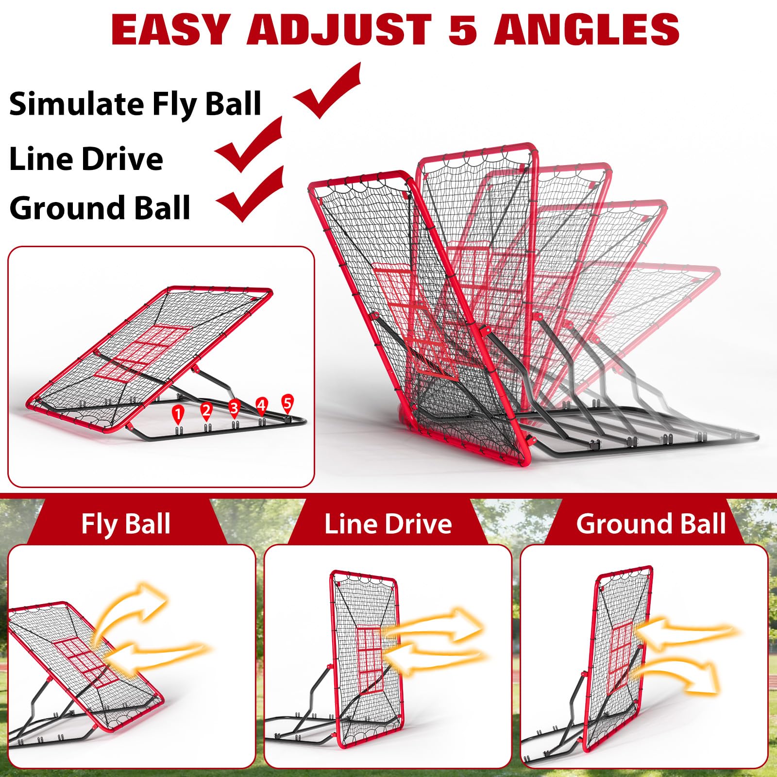 Filet de rebond de baseball Garvee 122 x 137 cm, 5 angles, résistant aux UV, durable et stable pour l'entraînement individuel et sur le terrain.