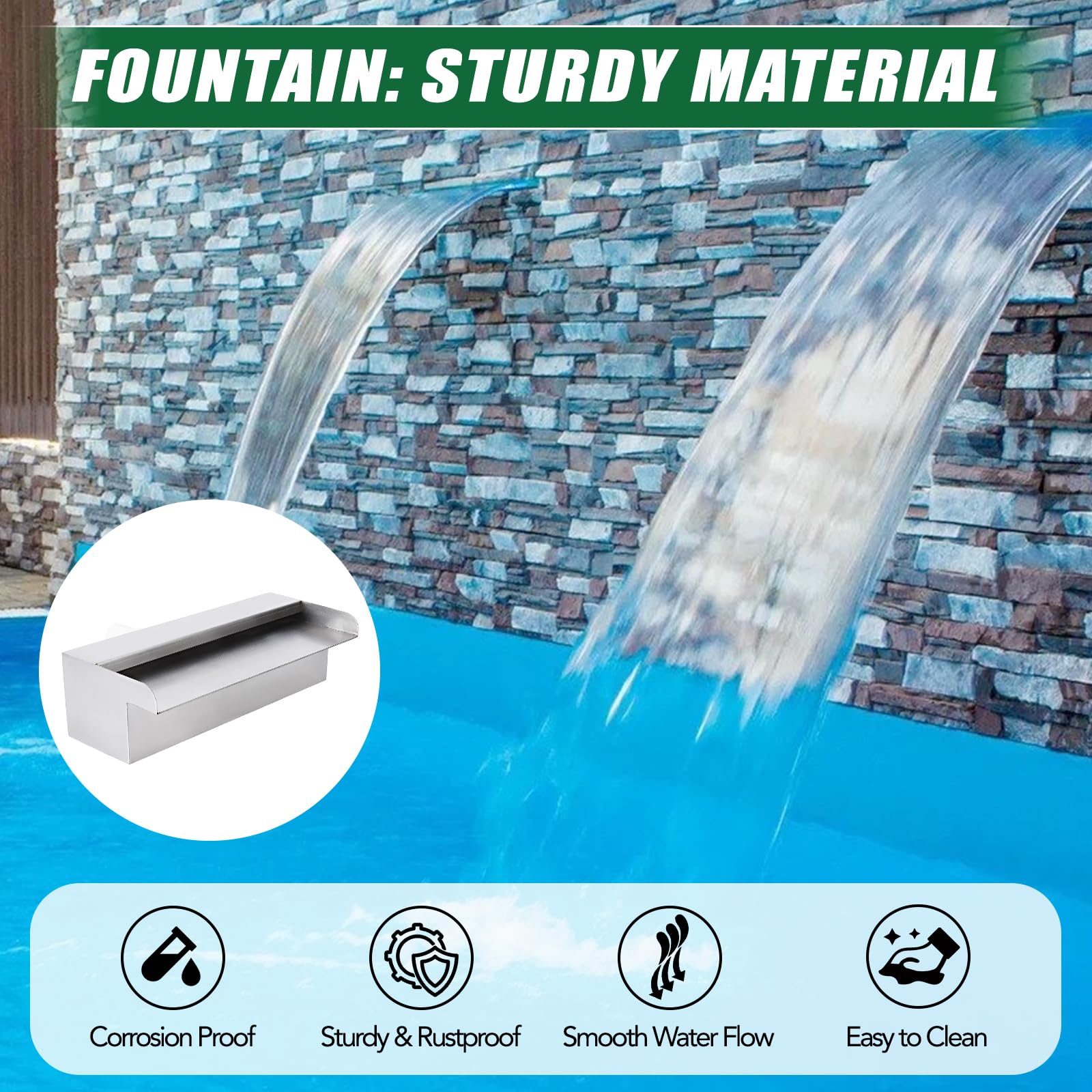 Fontaine de piscine en acier inoxydable Garvee, cascade, déversoir, 45 x 11 x 8 cm, antirouille, pour jardin et piscine