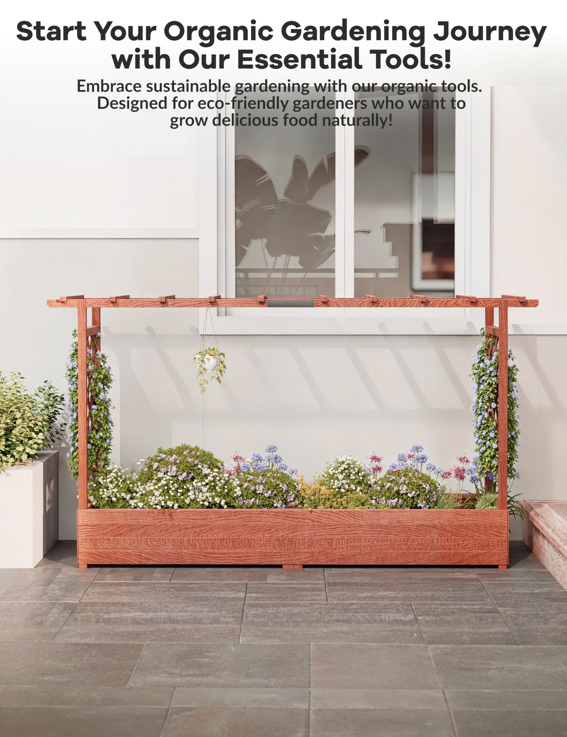 Jardinière surélevée Garvee avec treillis, bac à fleurs en bois de 114 cm (45 pouces), toit suspendu, résistante aux intempéries pour terrasse et balcon, coloris naturels