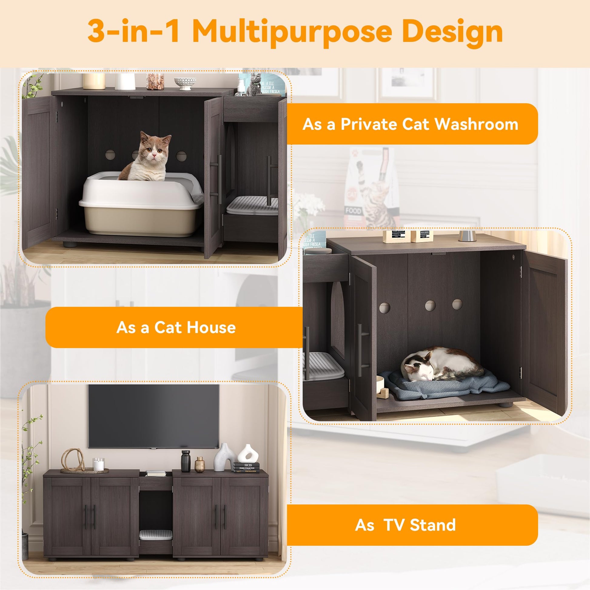 Garvee Meuble cache-litière 3-en-1 à double compartiment avec portes de grange, maison pour chat, coloris noyer