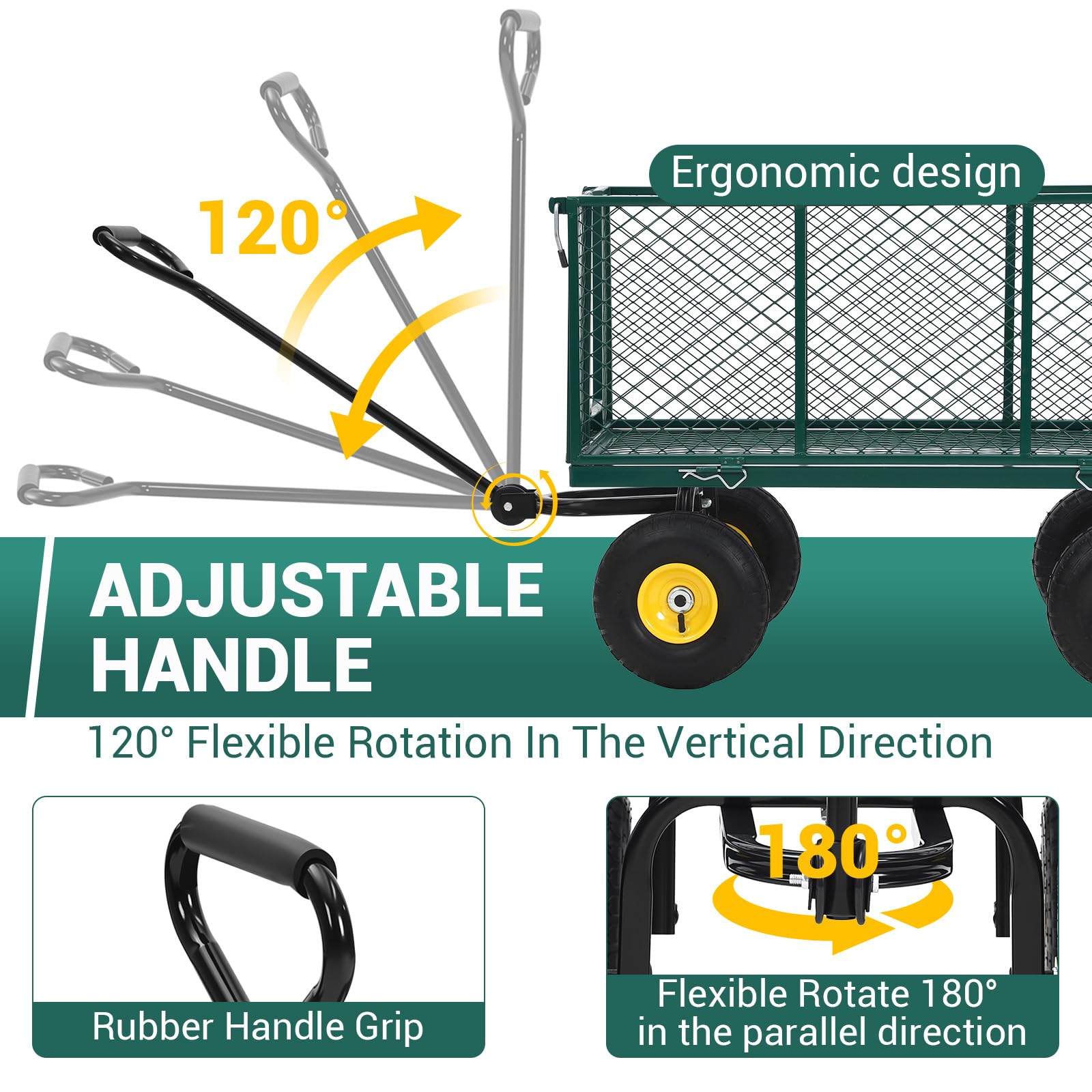 Chariot de jardin robuste en acier Garvee, capacité de charge de 500 kg, poignée pivotante à 180°, pneus pneumatiques de 25 cm, côtés amovibles, pour jardin et cour, en métal résistant