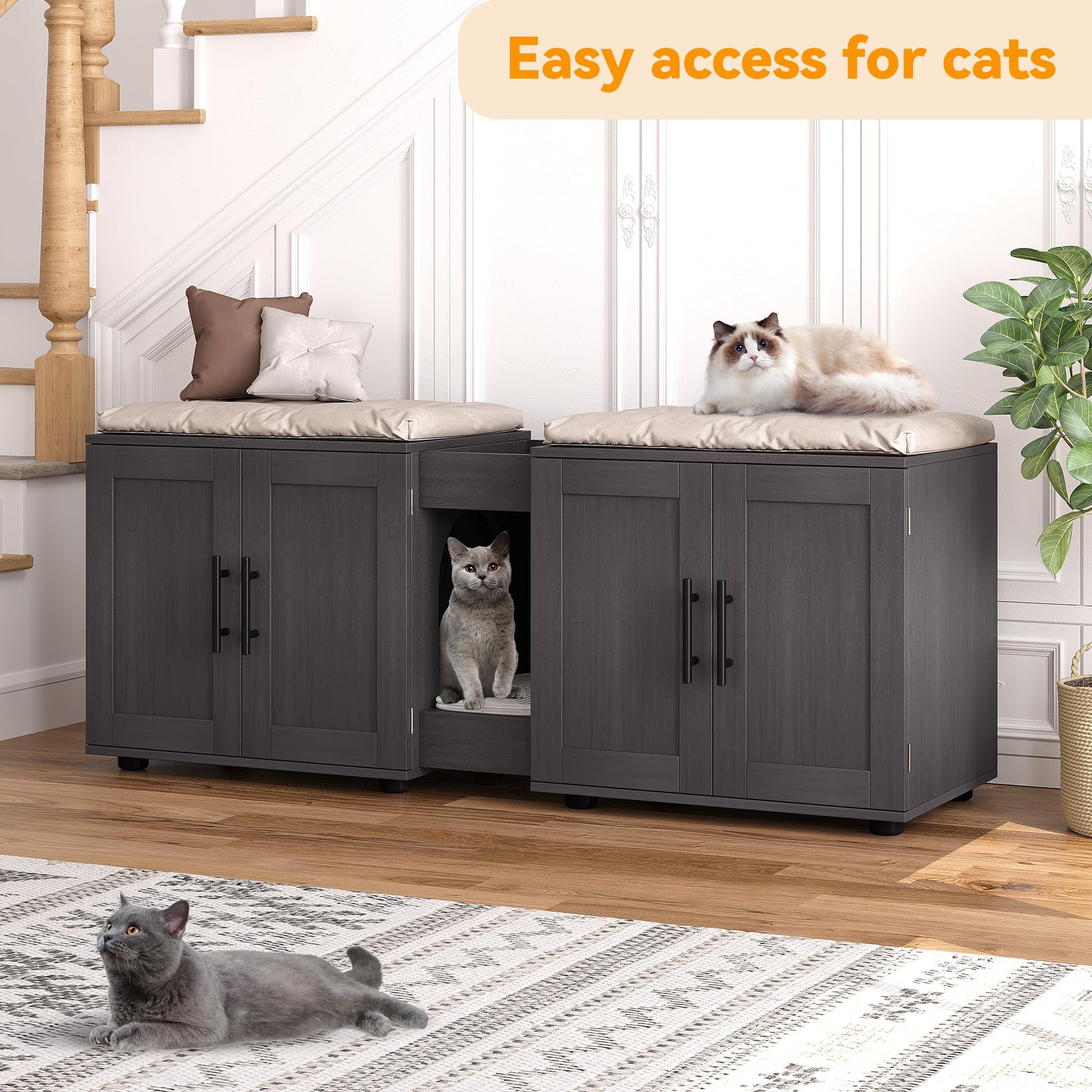 Garvee Meuble cache-litière 3-en-1 à double compartiment avec portes de grange, maison pour chat, coloris noyer
