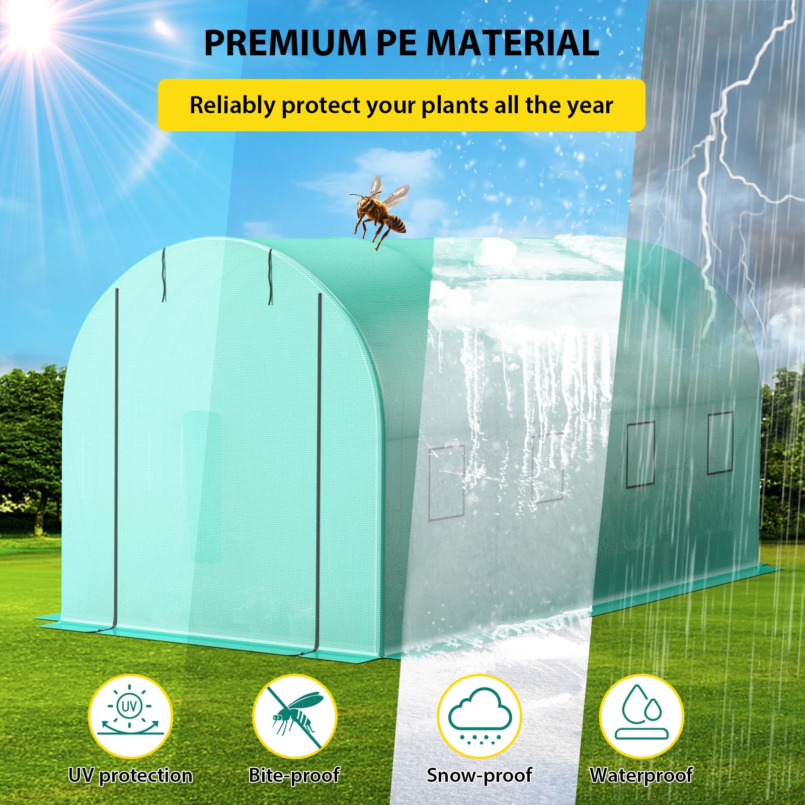 Serre Garvee 2,1 × 4,5 × 2,1 m – Serre à structure métallique avec 2 portes et 8 fenêtres pour le jardin et l'extérieur