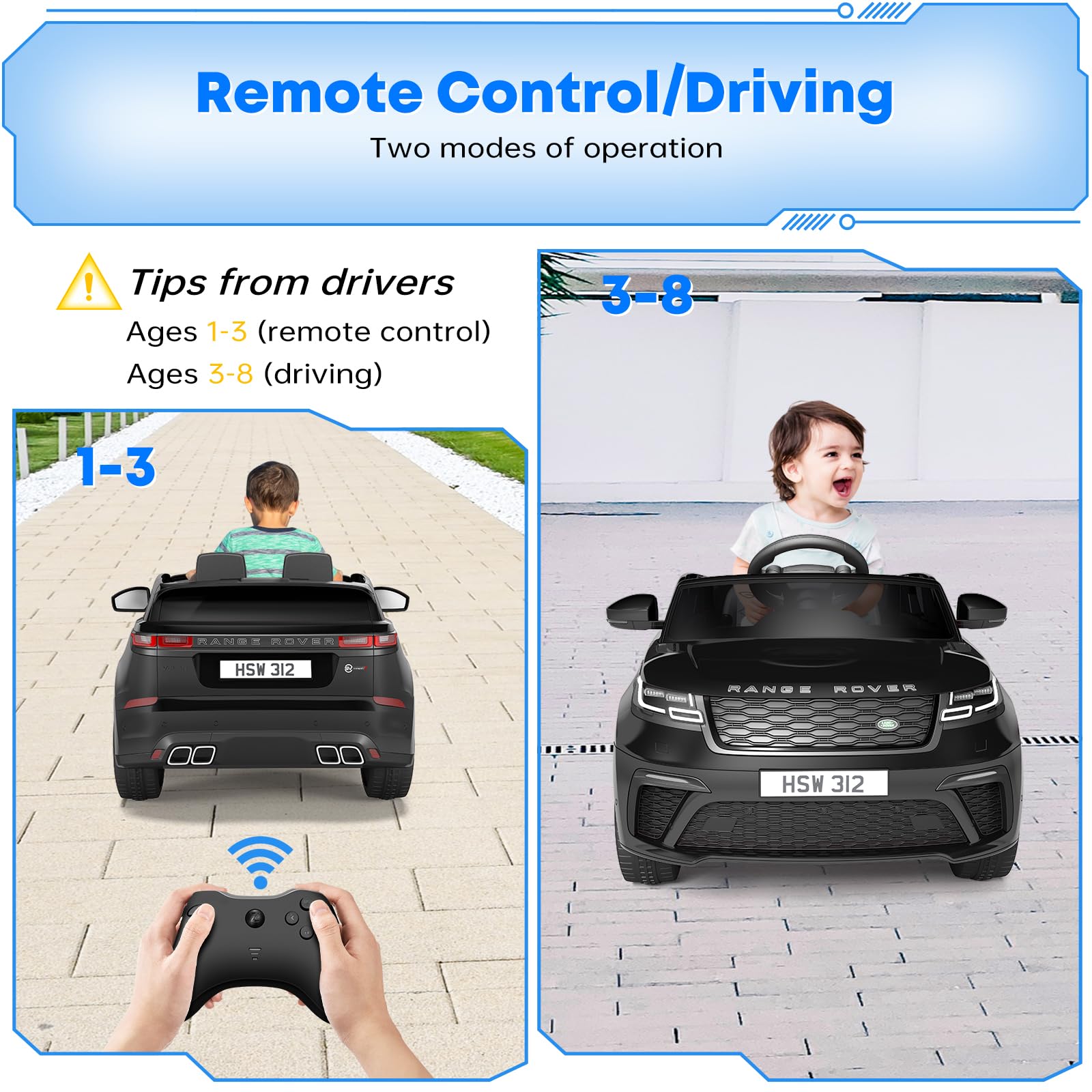 Voiture électrique pour enfants Garvee Schwarz Land Rover 12V, 2 places avec télécommande – Pour les enfants de 3 à 8 ans