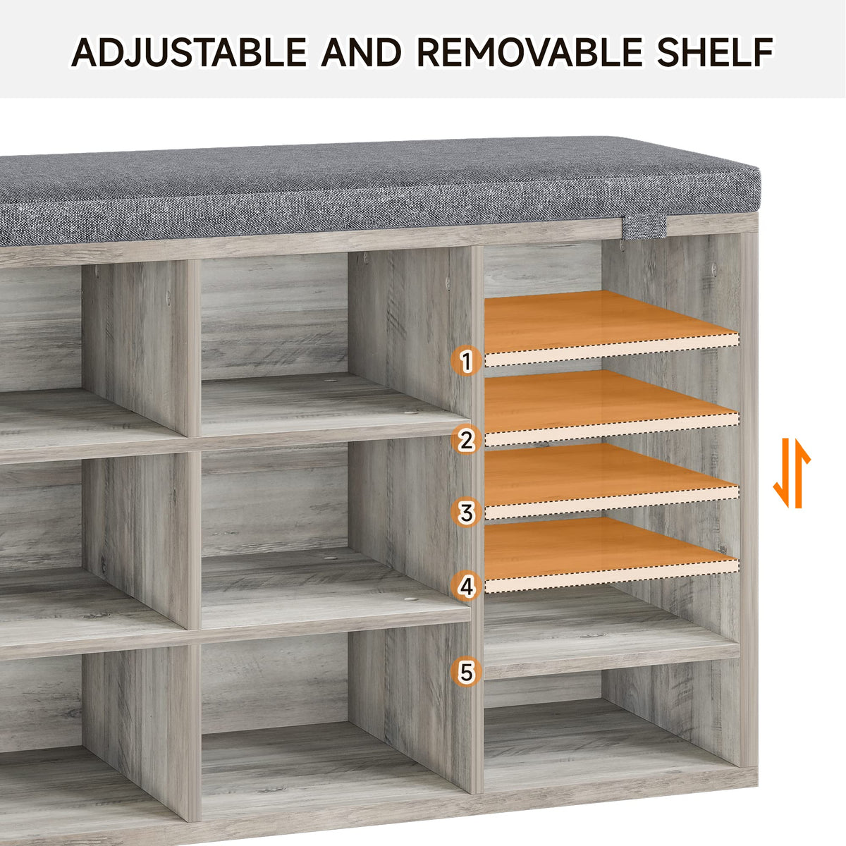 Banc à chaussures Garvee avec revêtement, réglable sur 3 niveaux, 10 compartiments, en bois aggloméré, 104 cm (41 pouces), pour couloir et chambre.