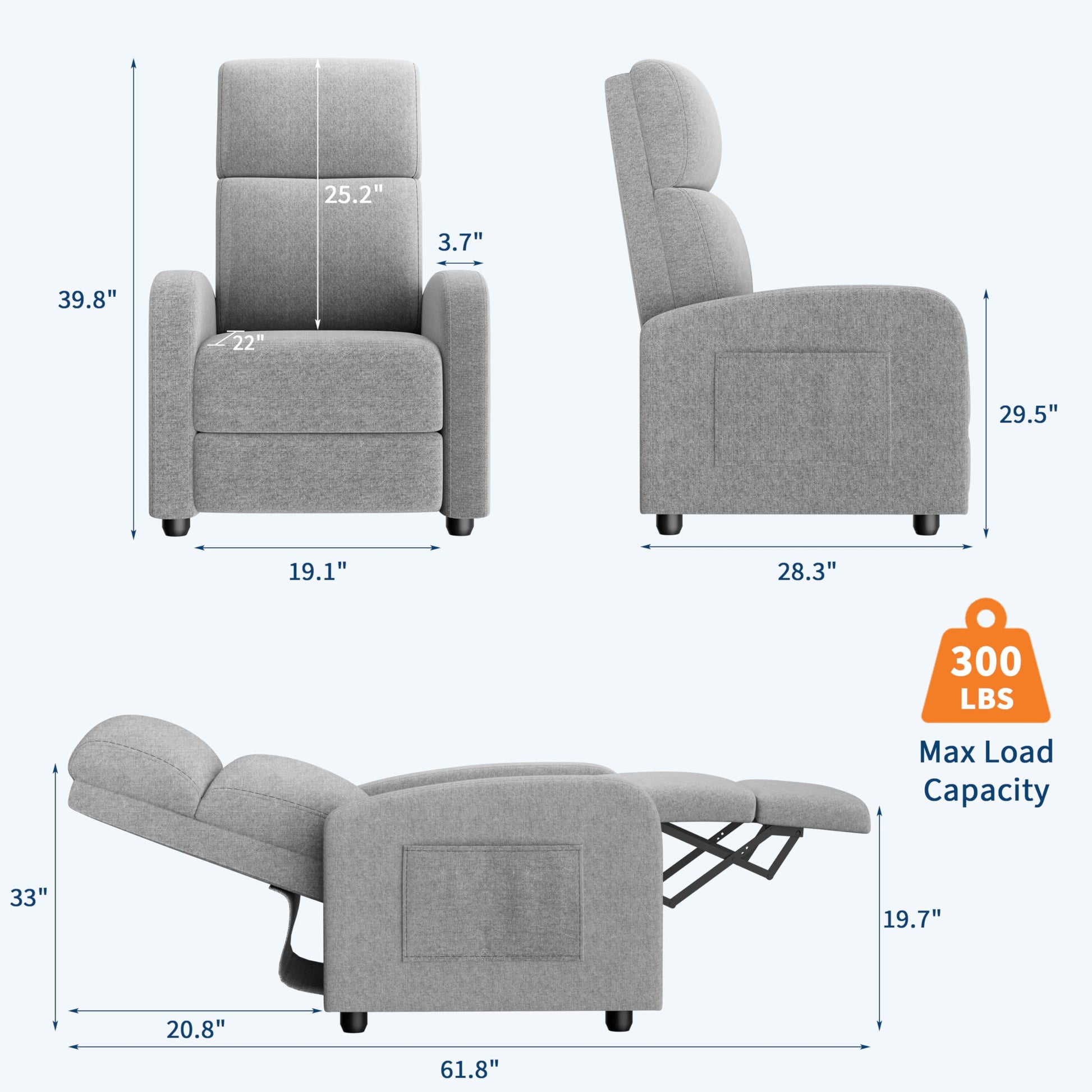 Fauteuil inclinable Garvee pour adultes, ergonomique et réglable, avec poche latérale, dossier haut, larges accoudoirs, assise rembourrée, idéal pour le salon ou la salle de cinéma maison.