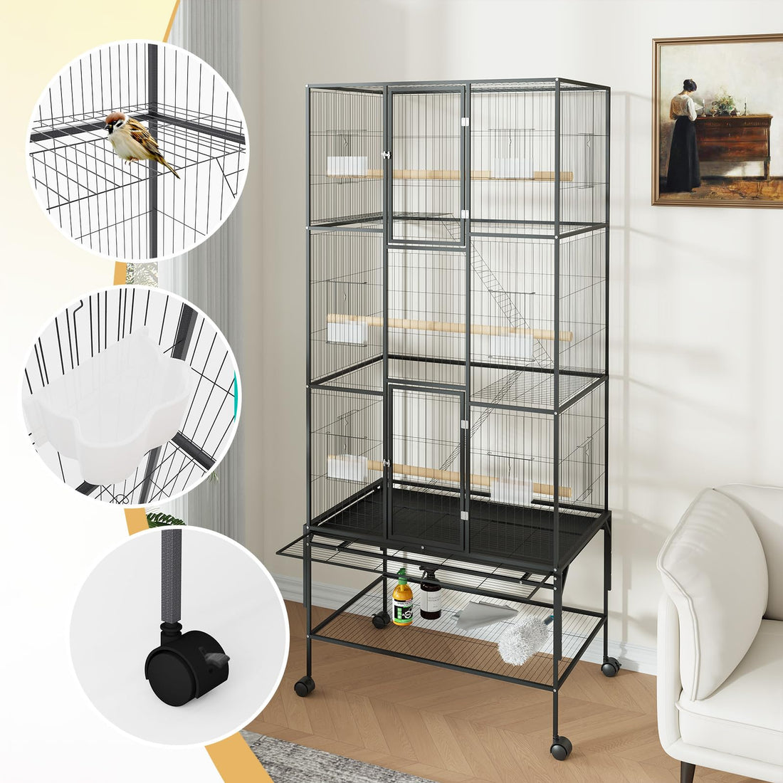 Garvee cage à oiseaux 175 cm avec roulettes et mangeoires, structure métallique sécurisée, pour perroquets et perruches, grise